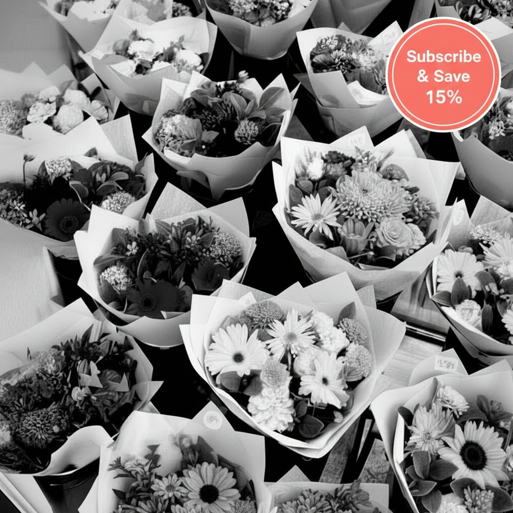 Black and white image of various bouquets of flowers, with text overlay 'FLORIST CHOICE BOUQUET'.