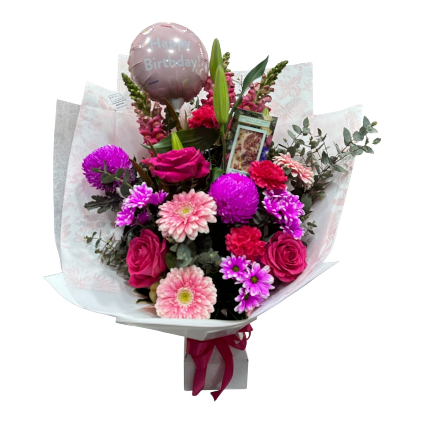 Angel - Mixed Bright Pink Bouquet With Balloon & Chocolate
