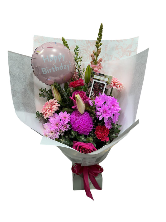 Angel - Mixed Bright Pink Bouquet  With Balloon & Chocolate