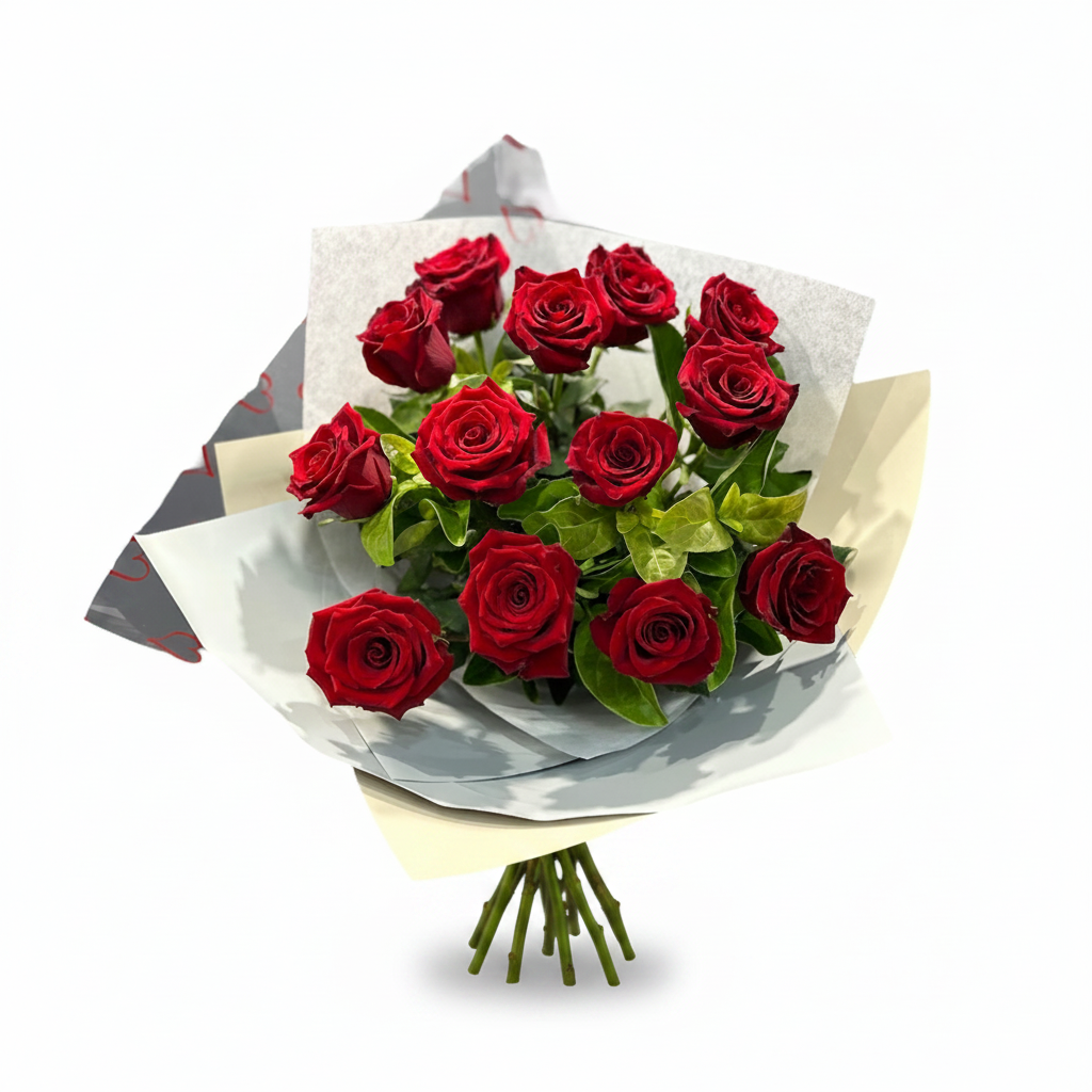 12 Red Roses Bouquet on a pure white background